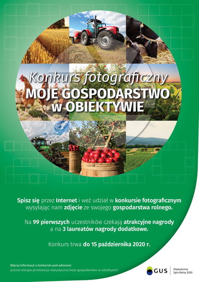 Plakat zachęcający do wzięcia udziału w konkursie fotograficznym Moje Gospodarstwo w Obiektywie. Znajdują się na nim zdjęcia gospodarstw, zwierząt oraz owoców.