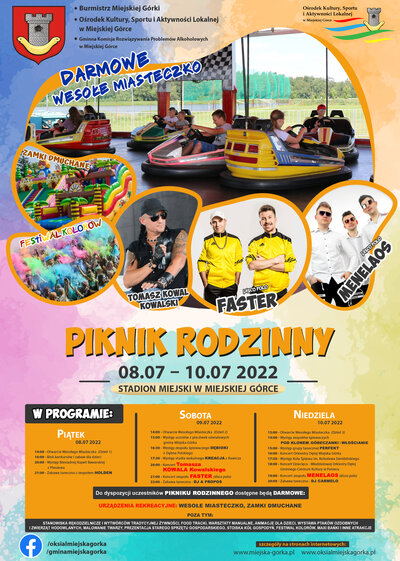 Plakat Piknik Rodzinny. W tle zdjęcia dzieci w wesołym miasteczku oraz liderów zespołów 