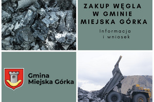 Plakat na którym w prawej, dolnej części znajduje się nasyp węgla z koparką, w lewej górnej widoczny jest węgiel. Na plakacie znajduje się również herb gminy Miejska Górka. (photo)