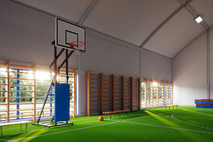 Wnętrze hali. Na pierwszym planie widoczny jest kosz do koszykówki i drewniane drabinki do ćwiczeń (photo)