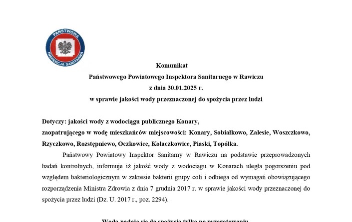 Komunikat Państwowego Powiatowego Inspektora Sanitarnego w Rawiczu z dnia 30.01.2025 r. - zdjęcie